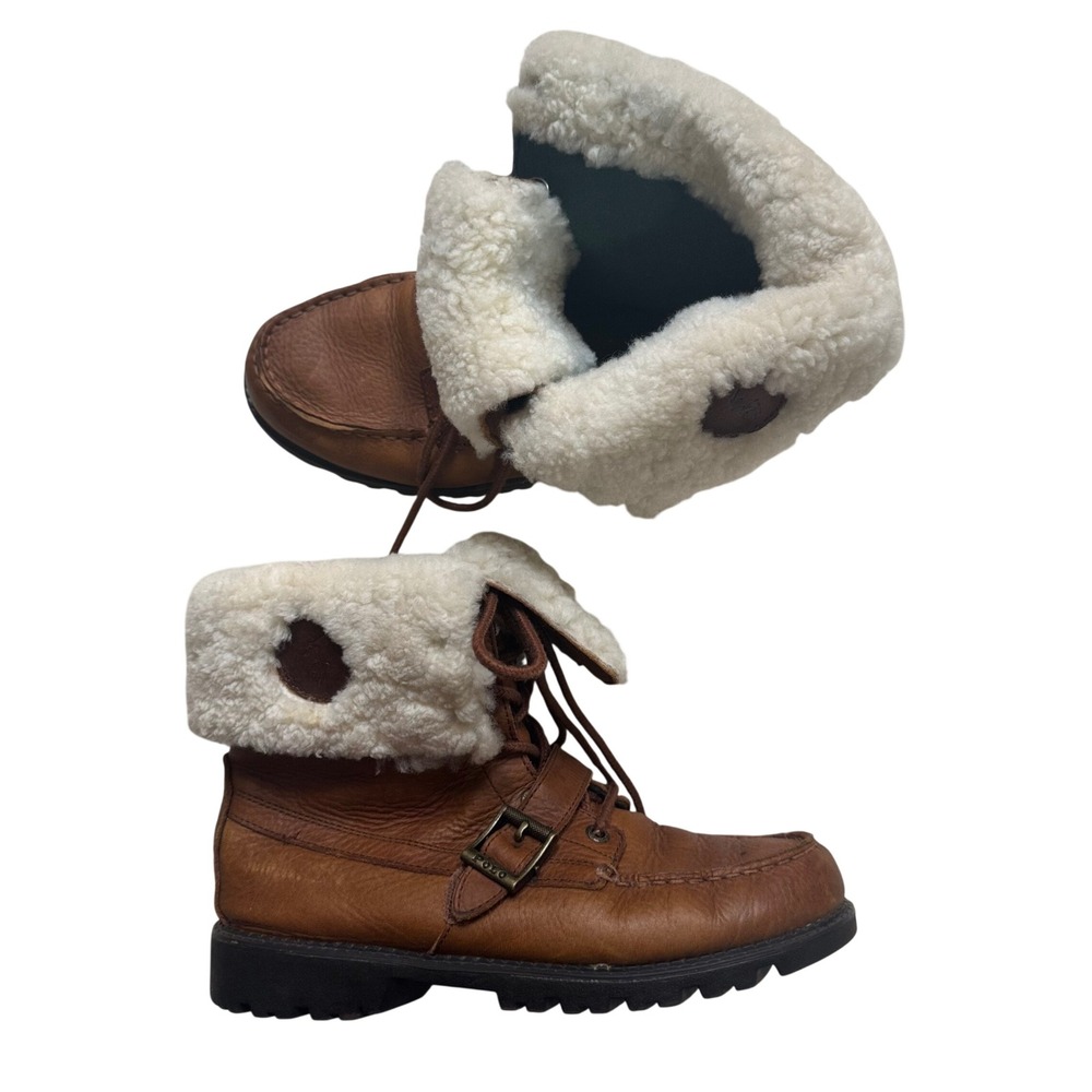 Polo Ralph Lauren Ranger Ultra Hi Shearling II Boys Leather Boots Tan Size 6